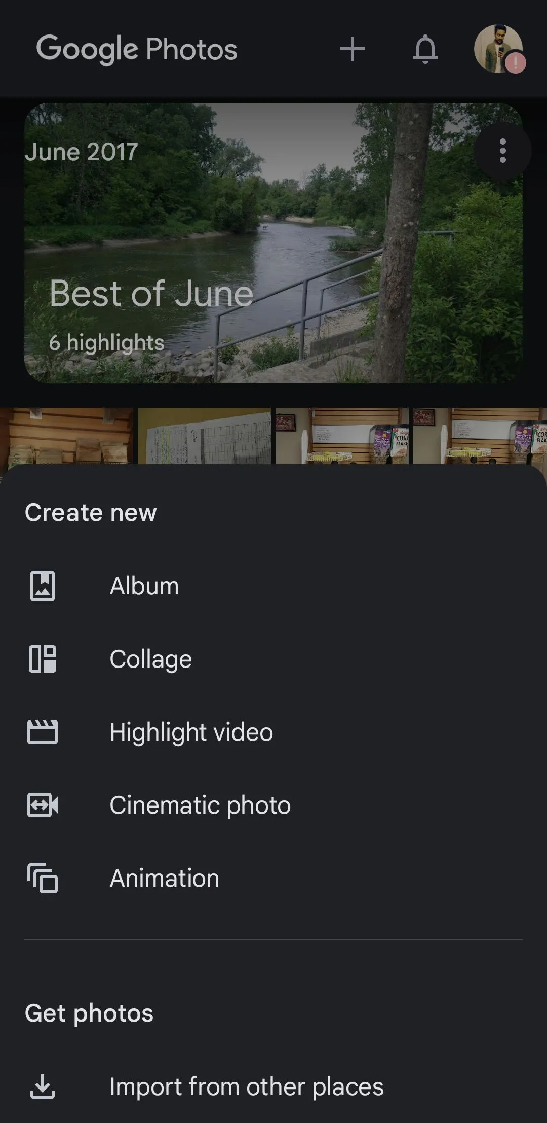 Menu tạo ảnh ghép, ảnh động và thước phim trên ứng dụng Google Photos di động