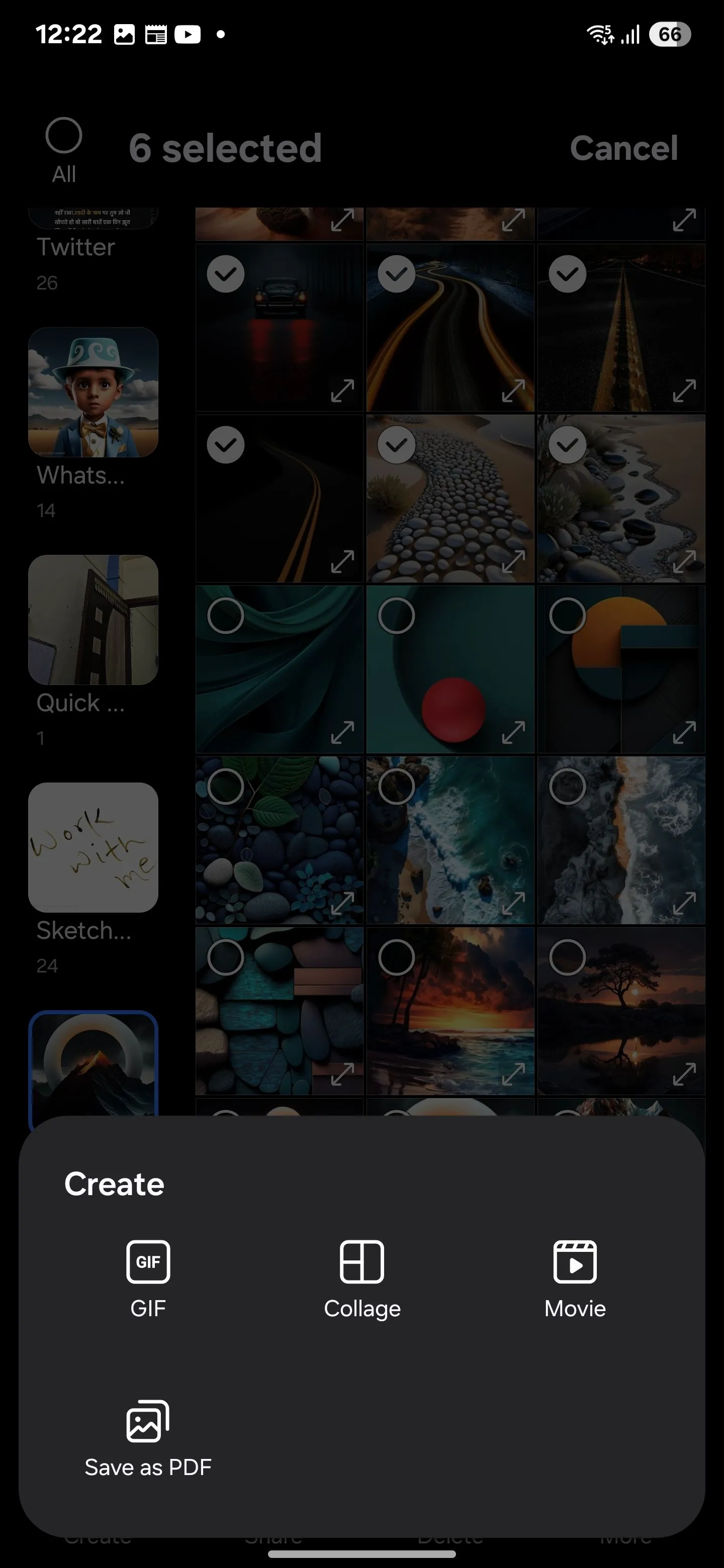 Menu Tạo của Samsung Gallery hiển thị các tùy chọn như GIF, Ghép ảnh, Phim và Lưu dưới dạng PDF