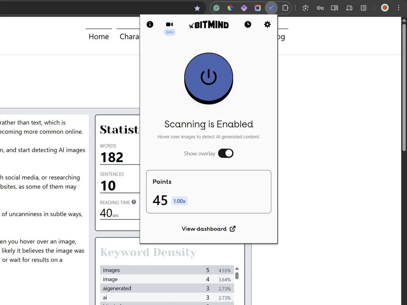 Menu tiện ích mở rộng Bitmind Chrome với bộ đếm từ ở hậu cảnh.
