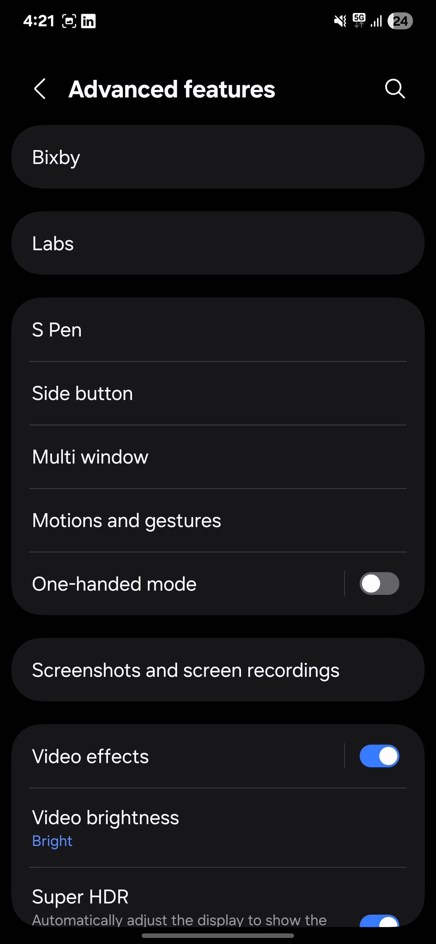 Menu Tính năng nâng cao trong Cài đặt Samsung