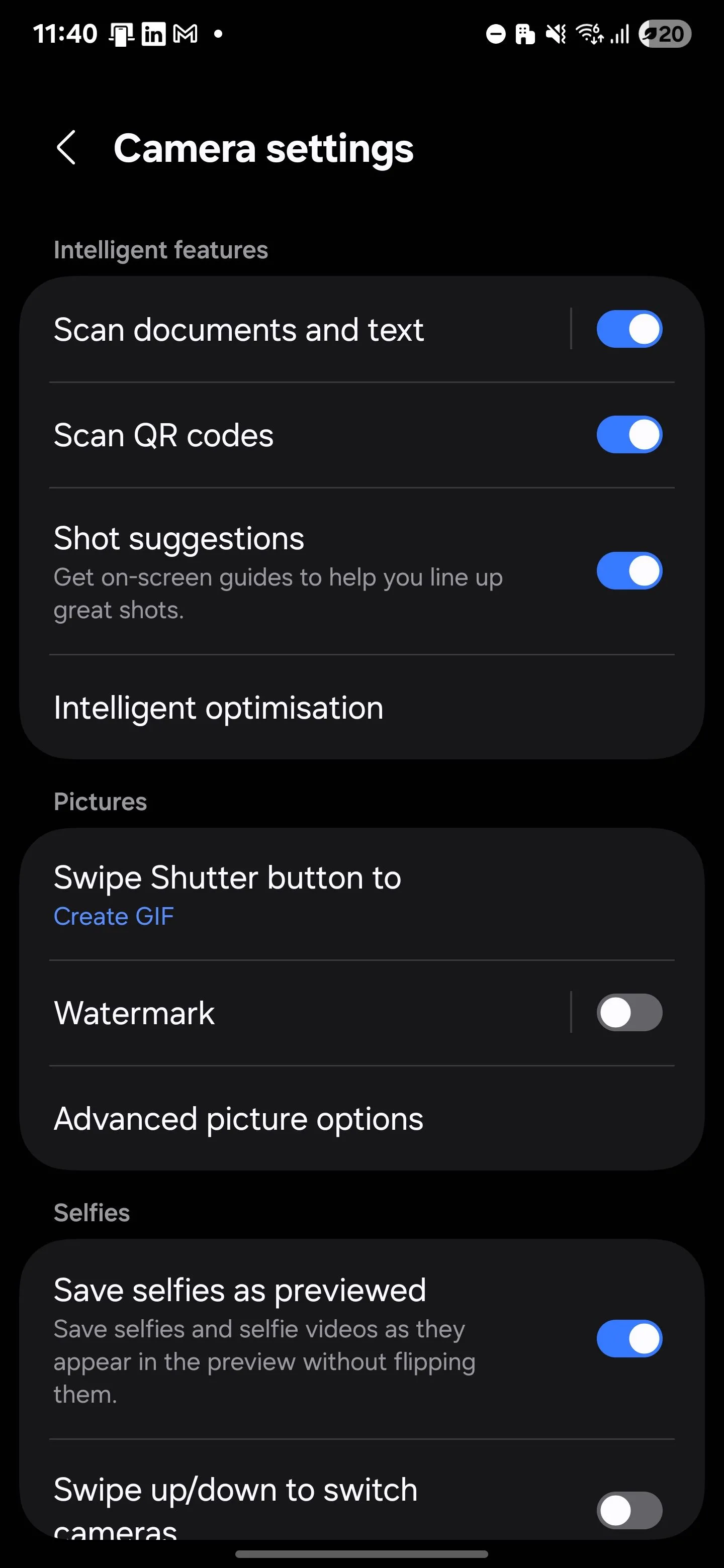 Menu tối ưu hóa thông minh trong cài đặt camera Samsung Galaxy