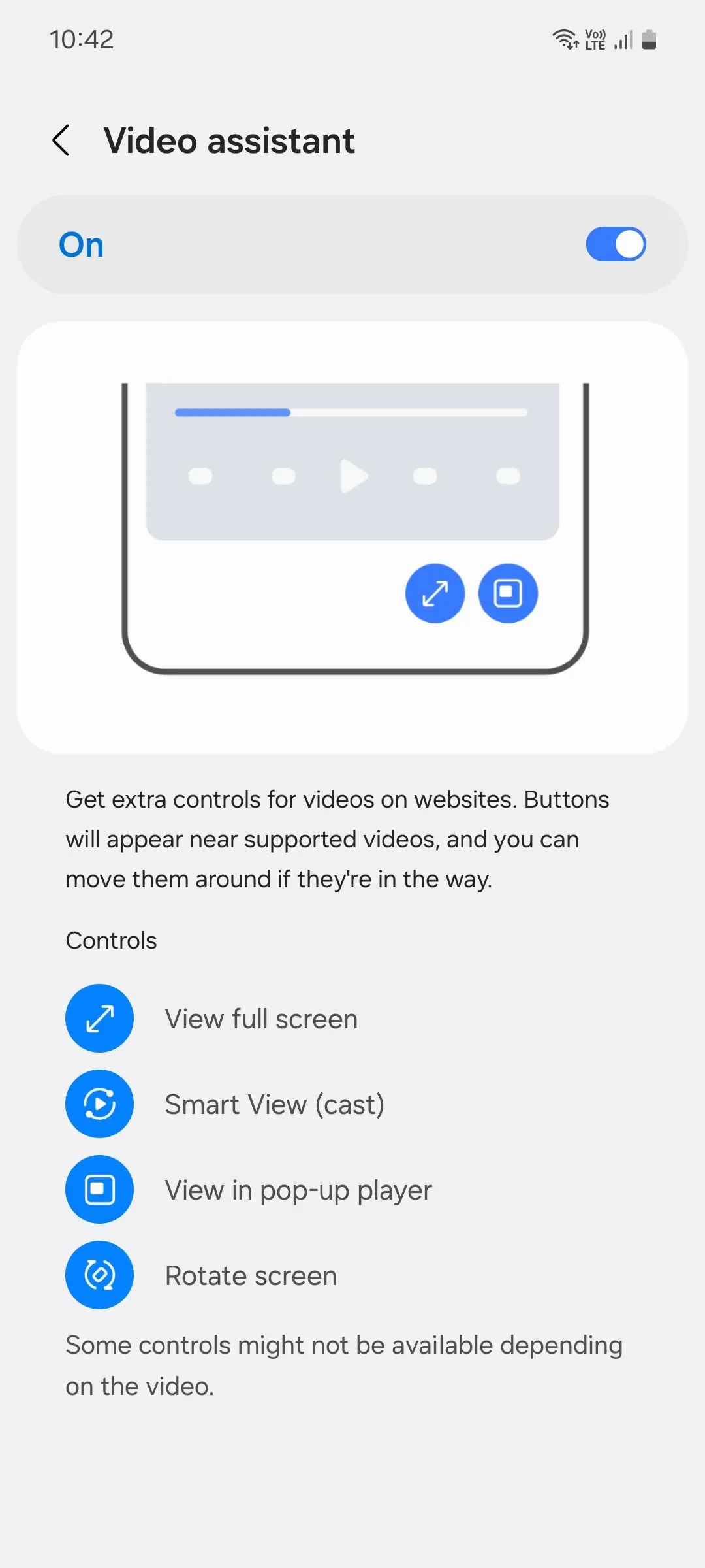 Menu trợ lý video của Samsung Internet khi phát video trực tuyến