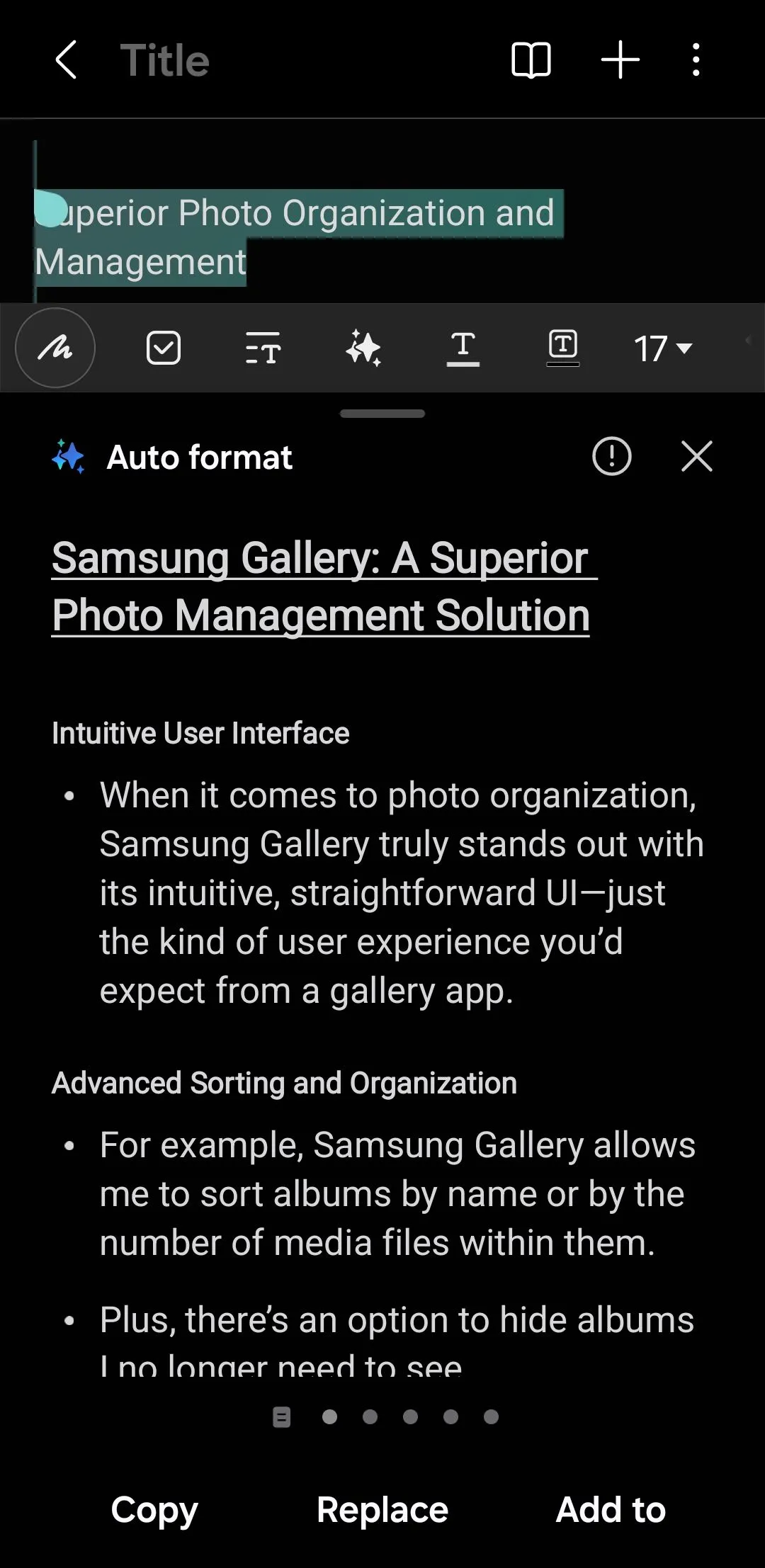 Menu Tự động Định dạng trong ứng dụng Samsung Notes được hỗ trợ bởi Galaxy AI