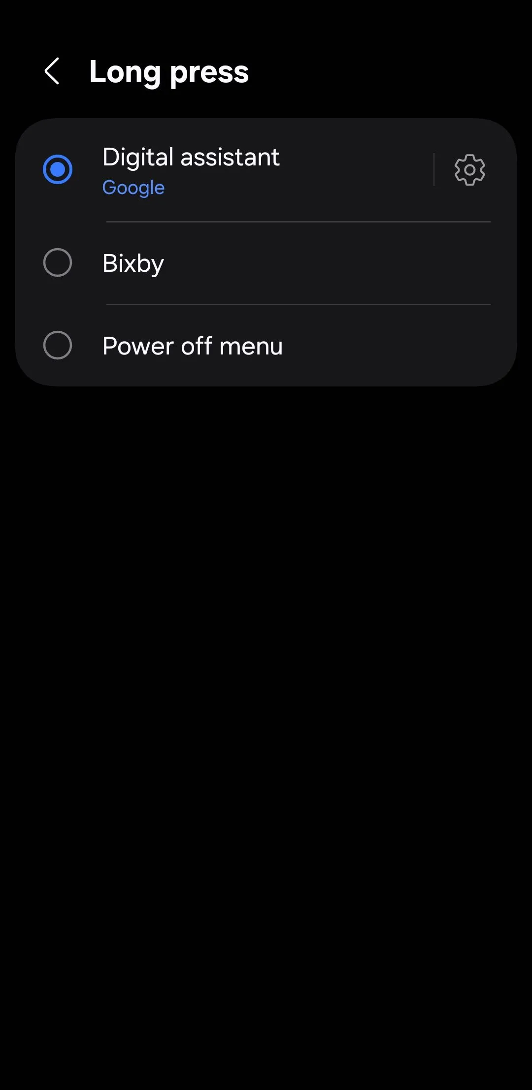 Menu tùy chỉnh thao tác nhấn giữ nút nguồn (nút cạnh) trên điện thoại Android, cho phép người dùng chọn hành động mặc định.