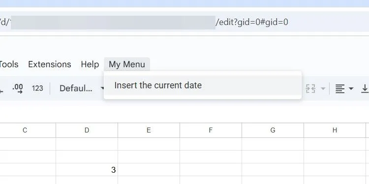 Menu tùy chỉnh trong Google Sheets được tạo bằng Apps Script để chèn ngày