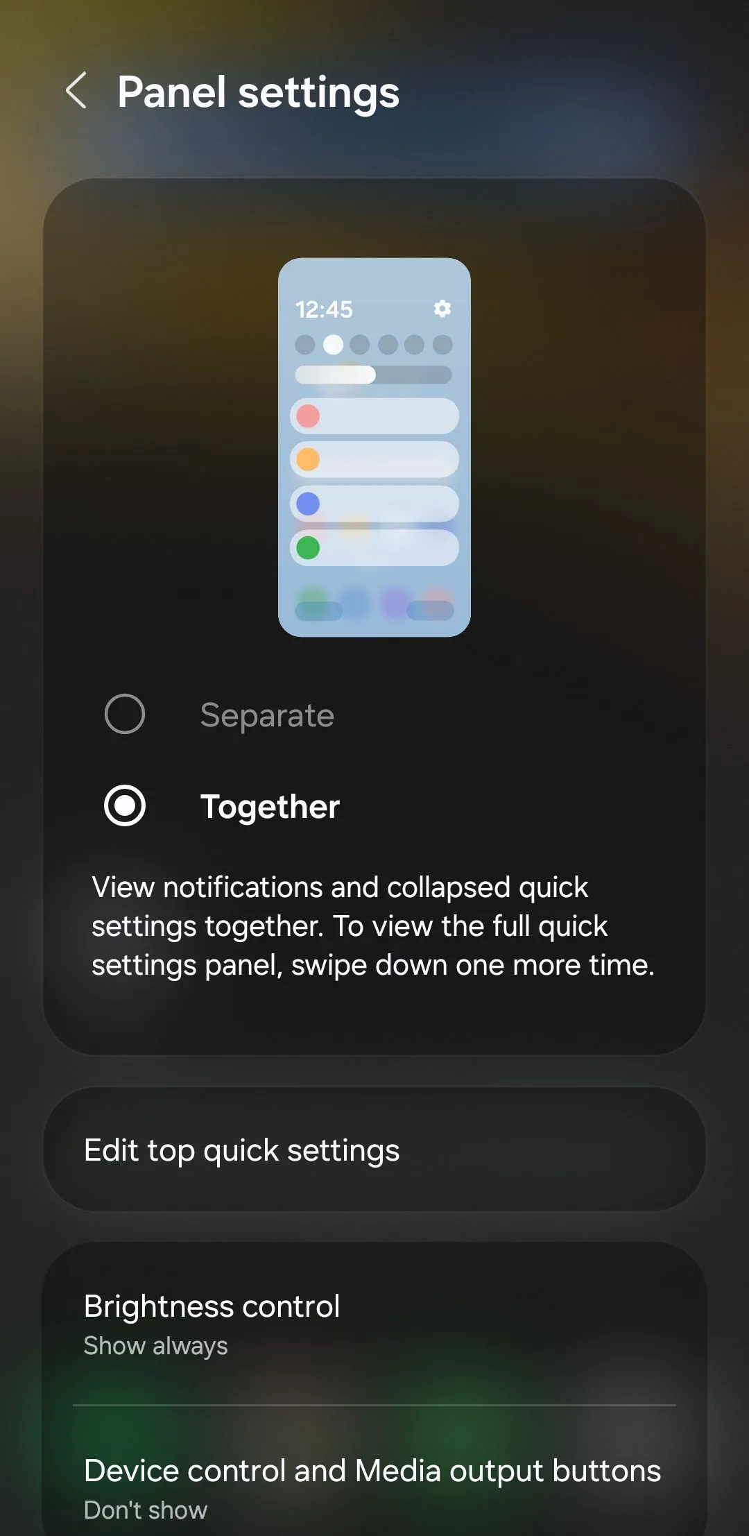 Menu tùy chọn bảng cài đặt nhanh trên Samsung Galaxy One UI 7