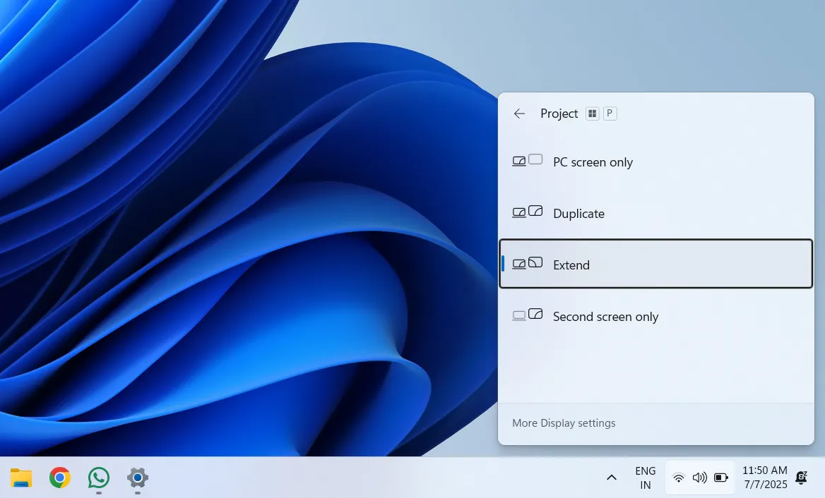 Menu tùy chọn chiếu màn hình Project trên Windows 11