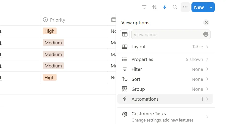 Menu tùy chọn của một cơ sở dữ liệu liên kết trong Notion, hiển thị mục Automation (Tự động hóa).