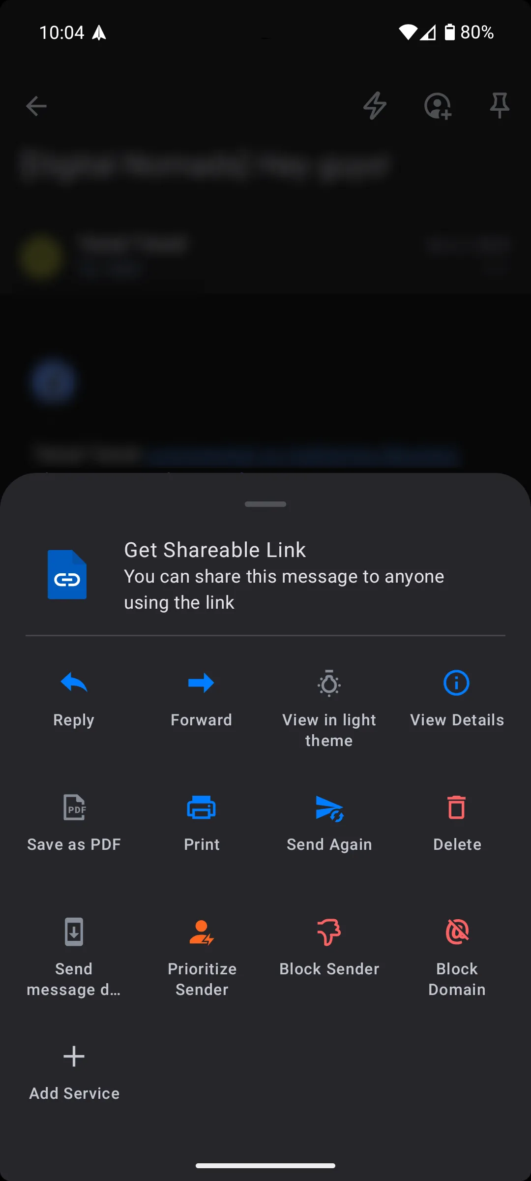 Menu tùy chọn cuộc trò chuyện trong ứng dụng Spark Mail trên Android với tùy chọn chia sẻ link