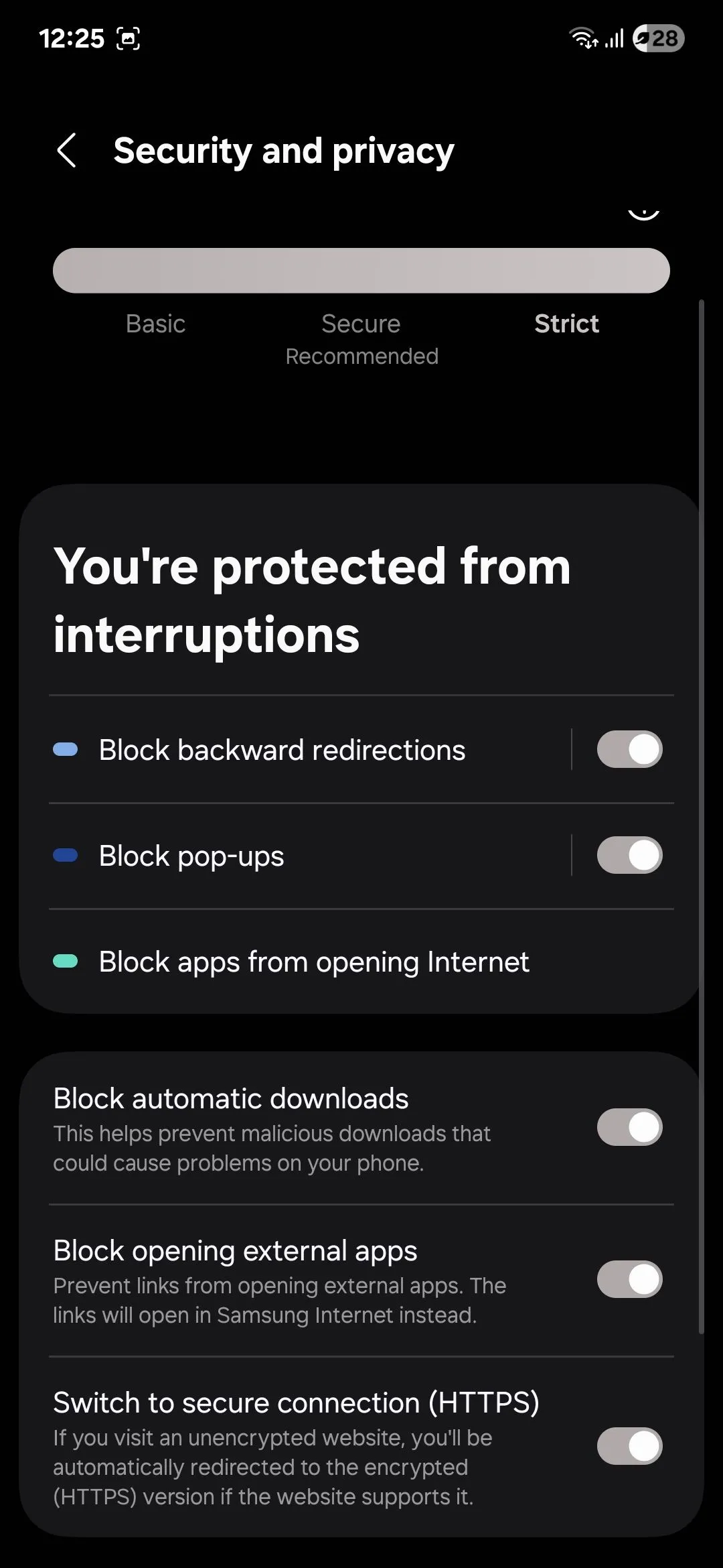Menu tùy chọn quyền riêng tư trên Samsung Internet