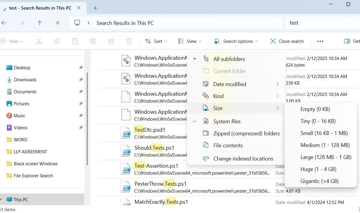 Menu Tùy chọn tìm kiếm trong File Explorer hiển thị các bộ lọc và gợi ý cho người dùng Windows.