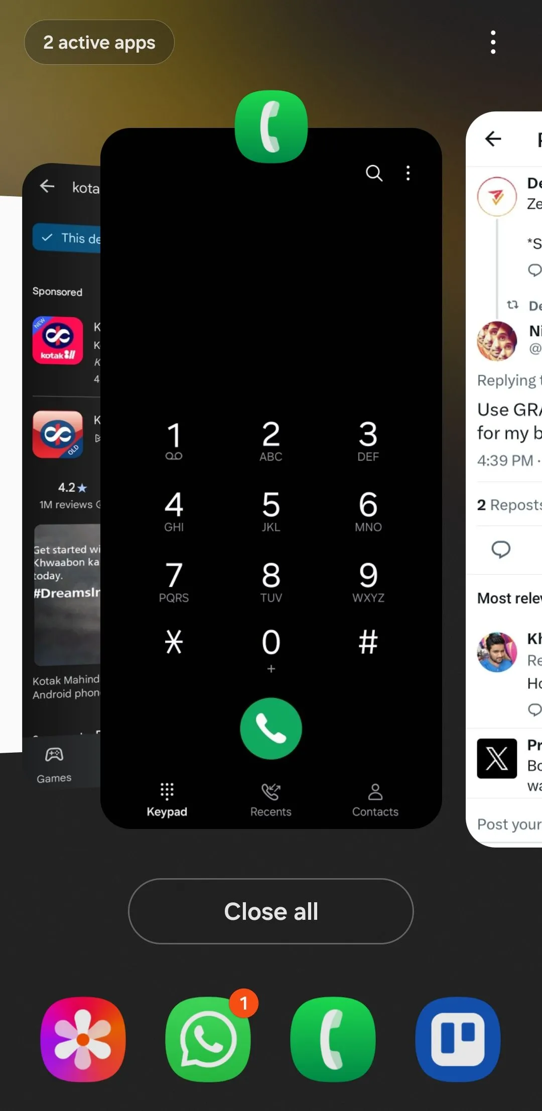 Menu Ứng dụng Gần đây trên Android, hiển thị các ứng dụng đang chạy.