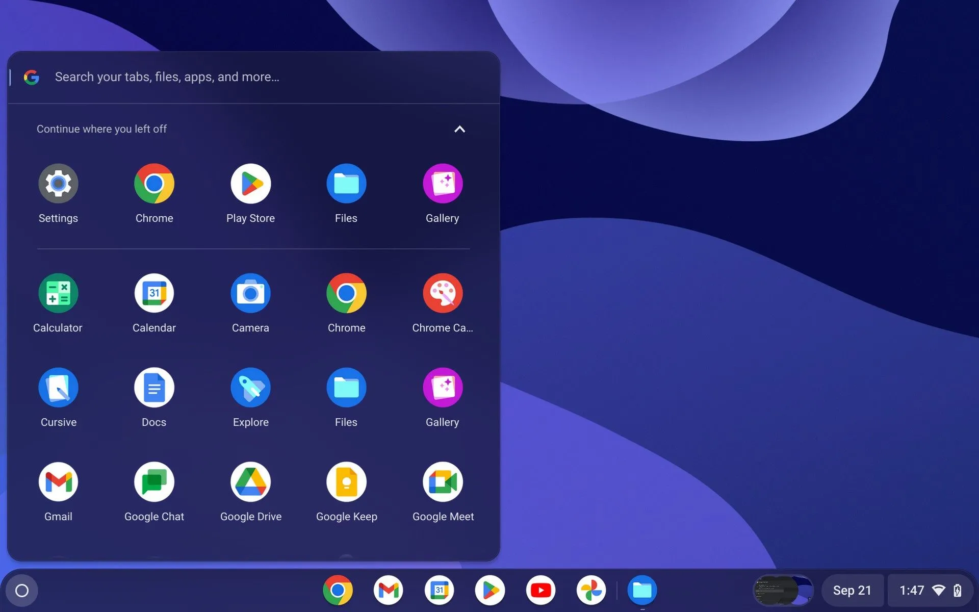 Menu ứng dụng trên Chromebook hiển thị danh sách các ứng dụng đã cài đặt