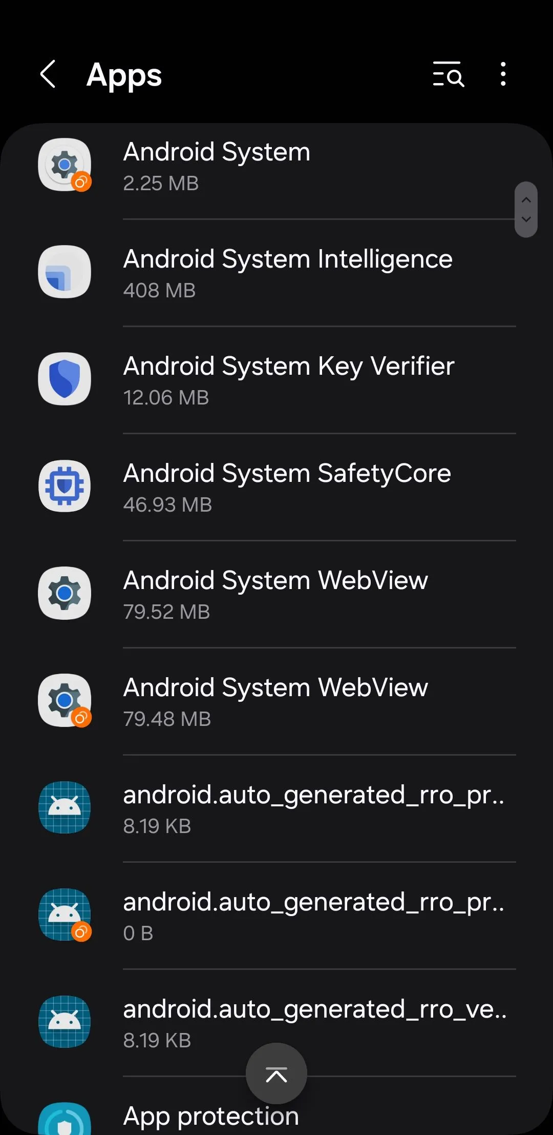 Menu Ứng dụng trên điện thoại Android, nơi người dùng có thể tìm và quản lý các ứng dụng hệ thống như SafetyCore.