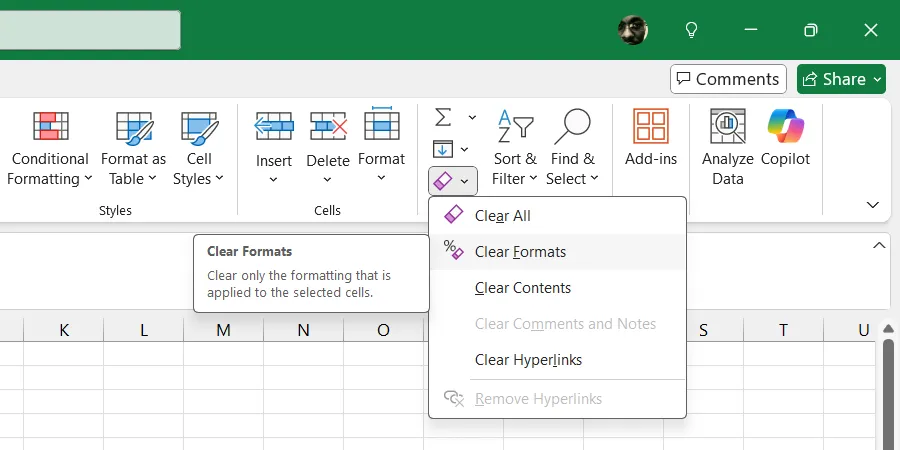 Menu Xóa định dạng trong Excel
