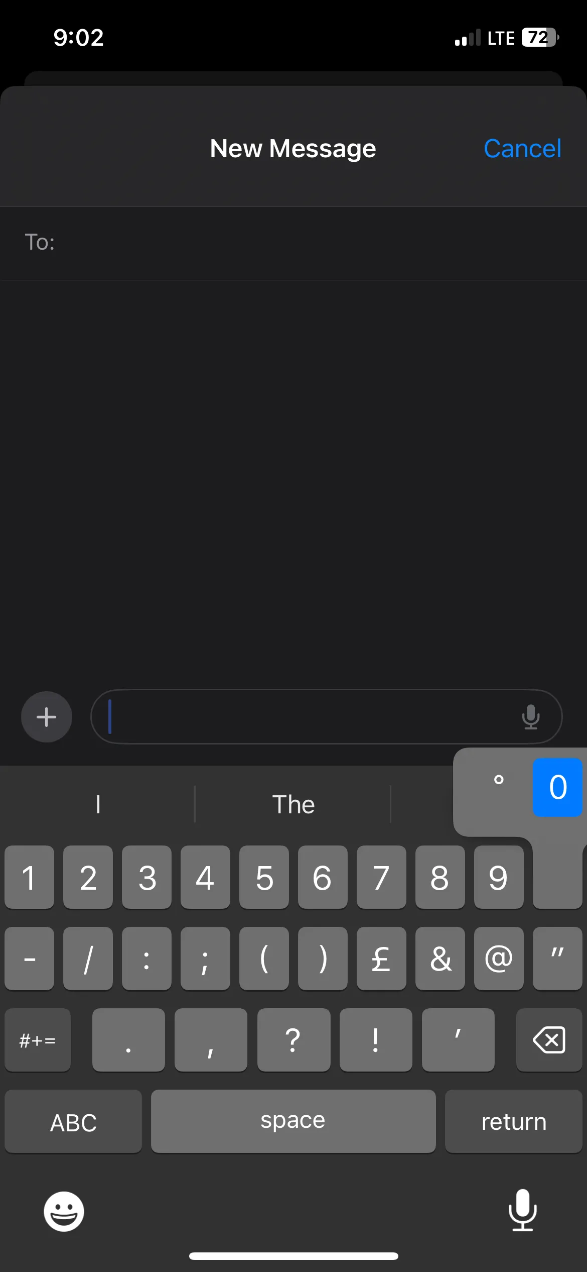 Menu xuất hiện khi nhấn giữ phím số 0 trên bàn phím iPhone để chèn ký hiệu độ.