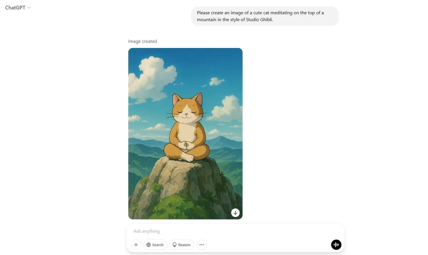 Mèo thiền trên núi phong cách Studio Ghibli được tạo bởi ChatGPT GPT-4o