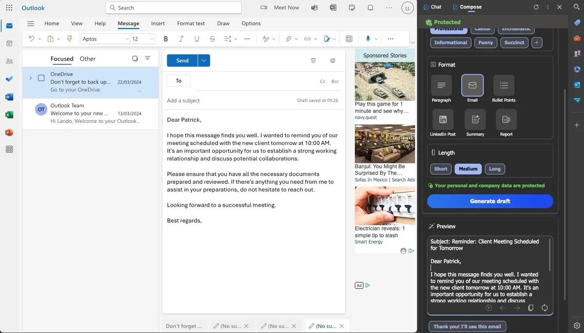 Microsoft Copilot tự động tạo bản nháp email trong trình duyệt Microsoft Edge