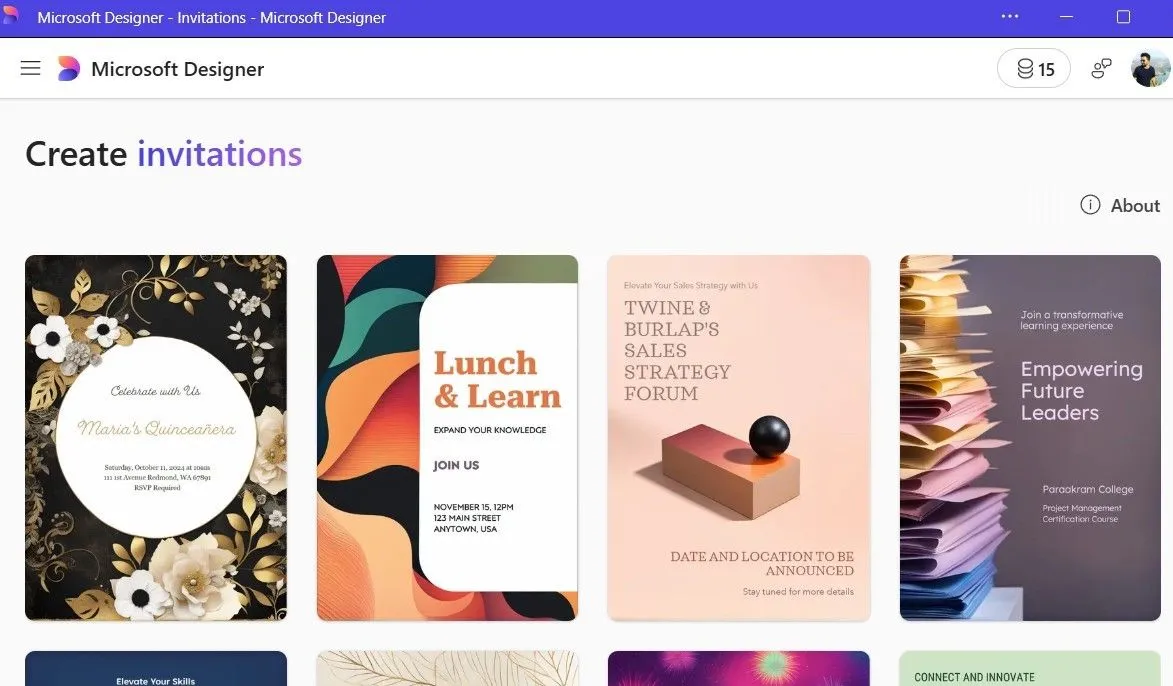 Microsoft Designer hiển thị các mẫu thiết kế thiệp mời sẵn có để tùy chỉnh