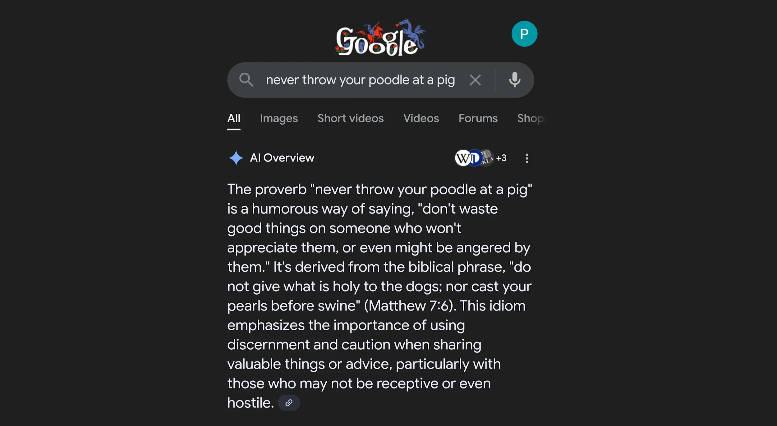 Minh họa ảo giác AI của Google AI Overview với câu &quot;Never throw your poodle at a pig&quot; được dẫn sai từ Kinh Thánh