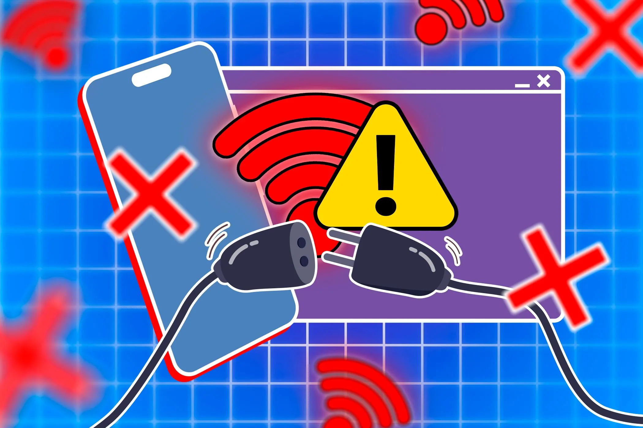 Minh họa điện thoại thông minh và cửa sổ trình duyệt với các biểu tượng Wi-Fi và cảnh báo.