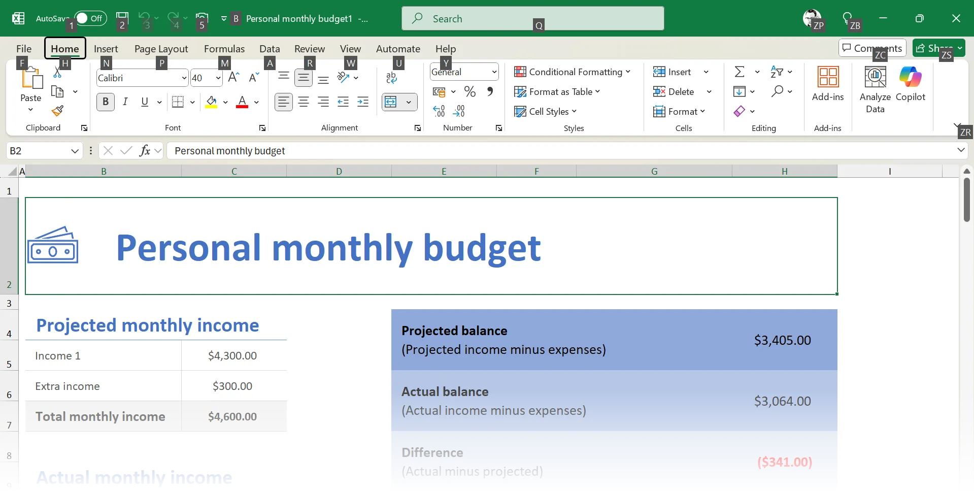 Minh họa điều hướng bằng phím Alt trong Microsoft Office, hiển thị các phím tắt chữ cái trên thanh Ribbon
