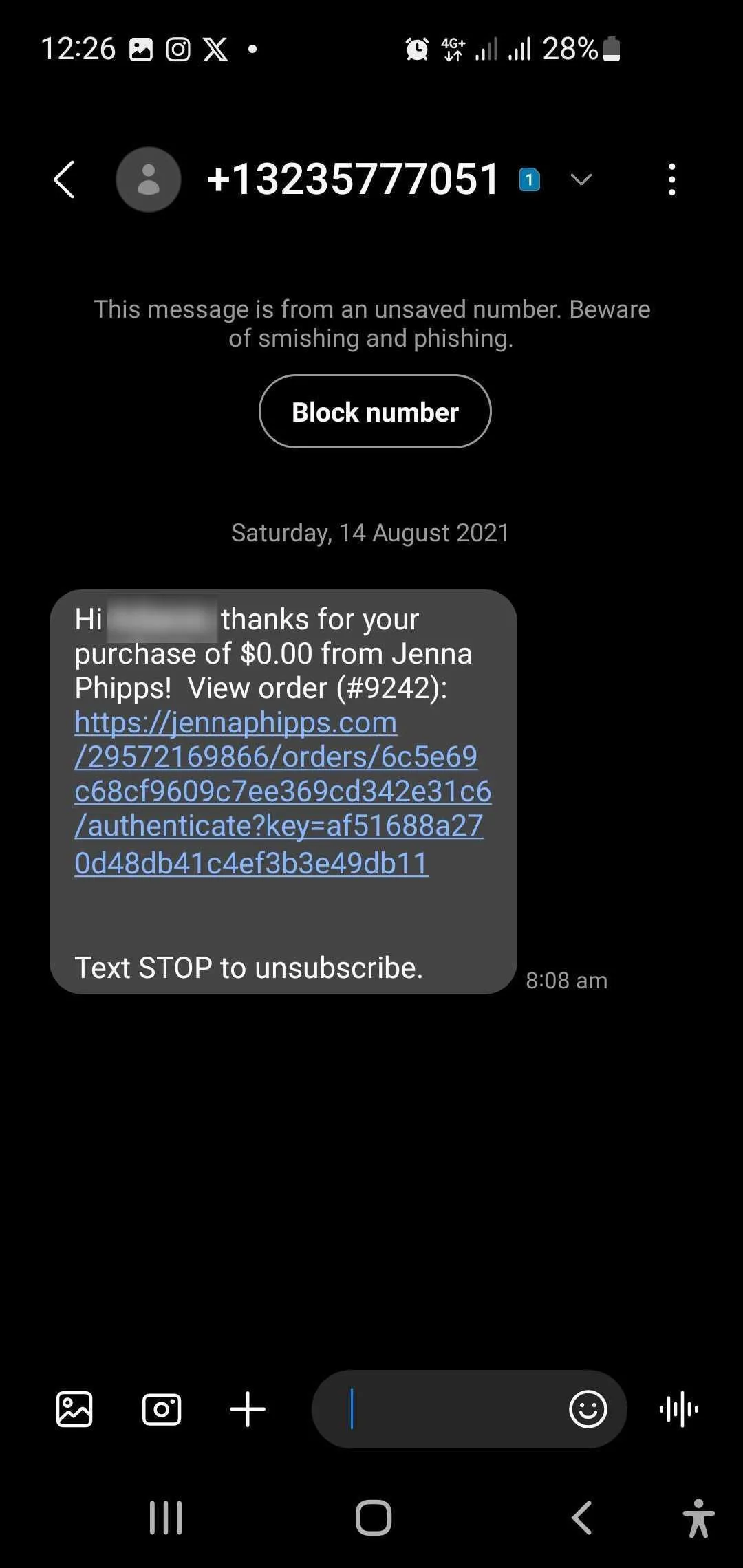 Minh họa tin nhắn smishing từ Jenna Philips với nội dung lừa đảo