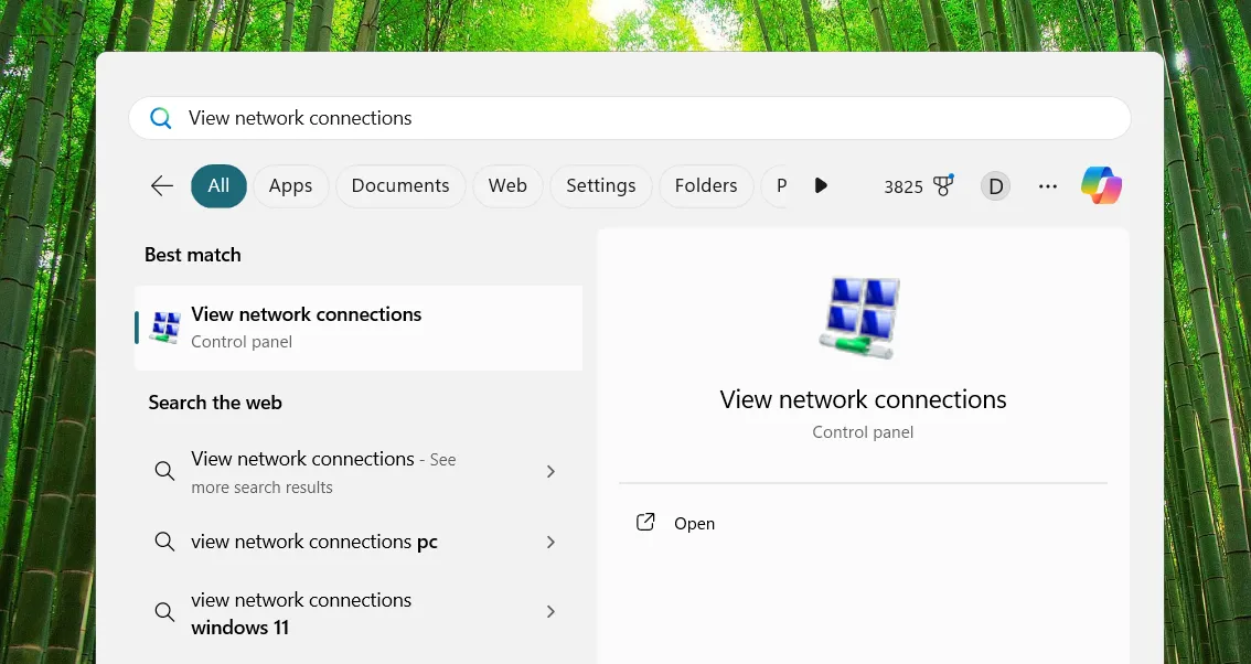 Mở cửa sổ Kết nối Mạng Windows thông qua tìm kiếm Menu Start