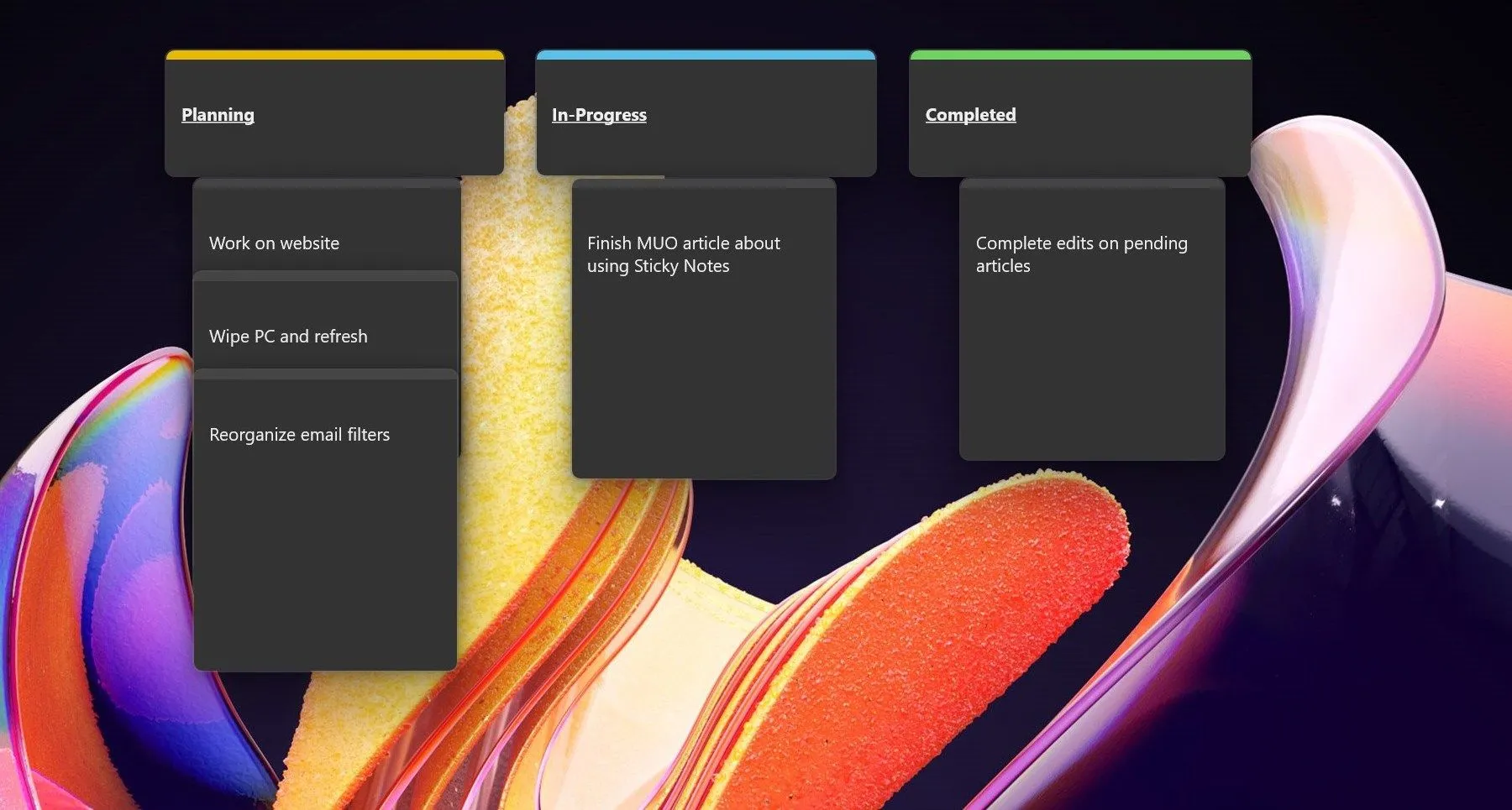 Mô hình bảng Kanban đơn giản được tạo bằng Sticky Notes trên màn hình desktop Windows