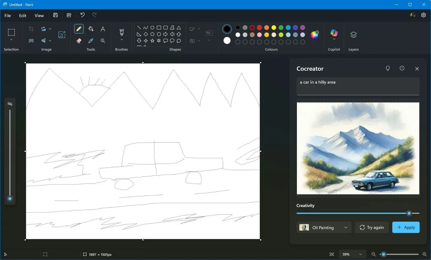 Mô phỏng giao diện tính năng Cocreator trong Microsoft Paint, minh họa quá trình AI biến phác thảo đường nét thành tác phẩm nghệ thuật chi tiết.