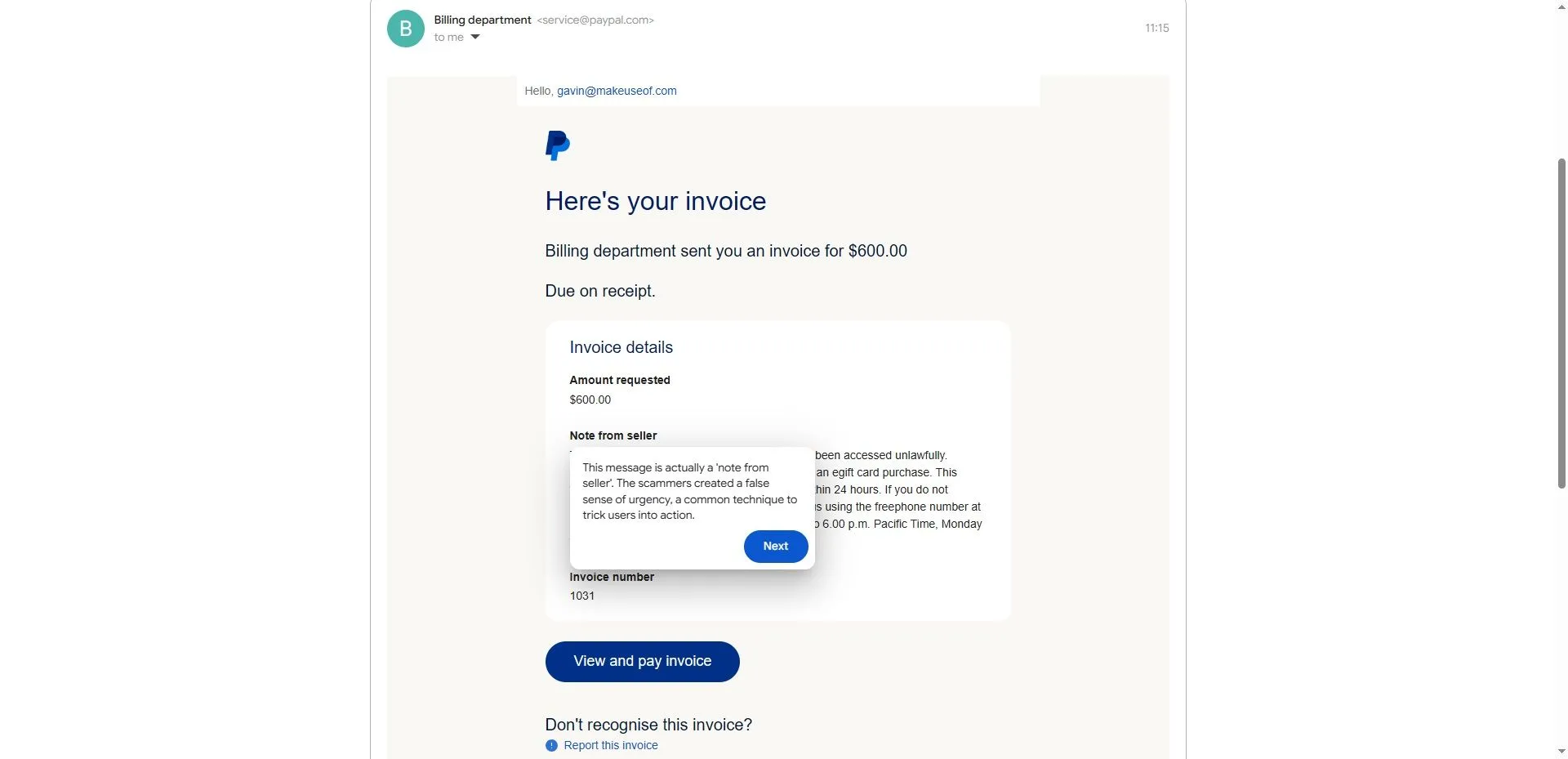 Mô phỏng hóa đơn lừa đảo PayPal trong Google Phishing Quiz