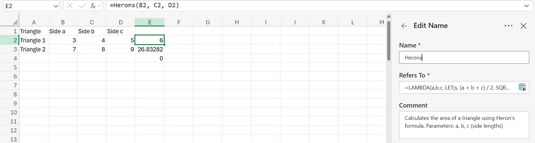 Mô tả kết quả của công thức Heron được tối ưu bằng cách kết hợp hàm LET và LAMBDA trong Excel, đơn giản hóa tính toán diện tích tam giác.