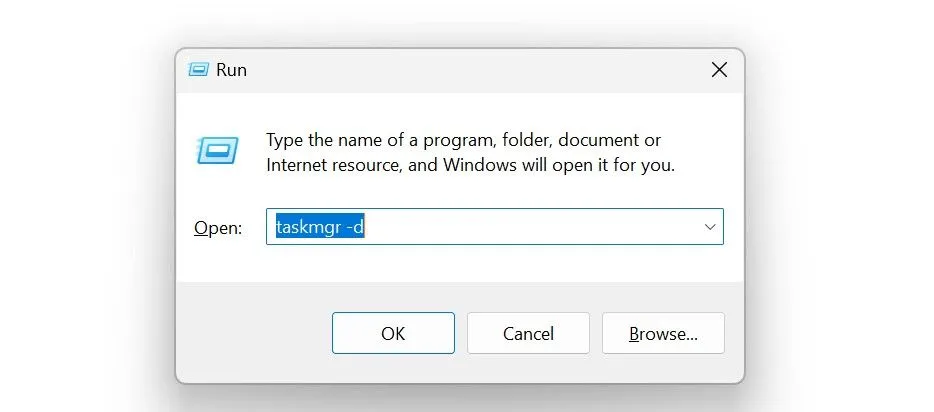 Mở Trình quản lý tác vụ cổ điển trên Windows 11 thông qua hộp thoại Run