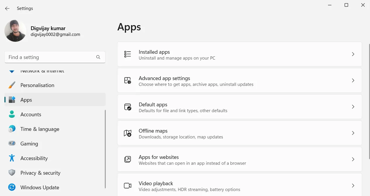 Mở ứng dụng đã cài đặt thông qua menu Cài đặt trên Windows 11