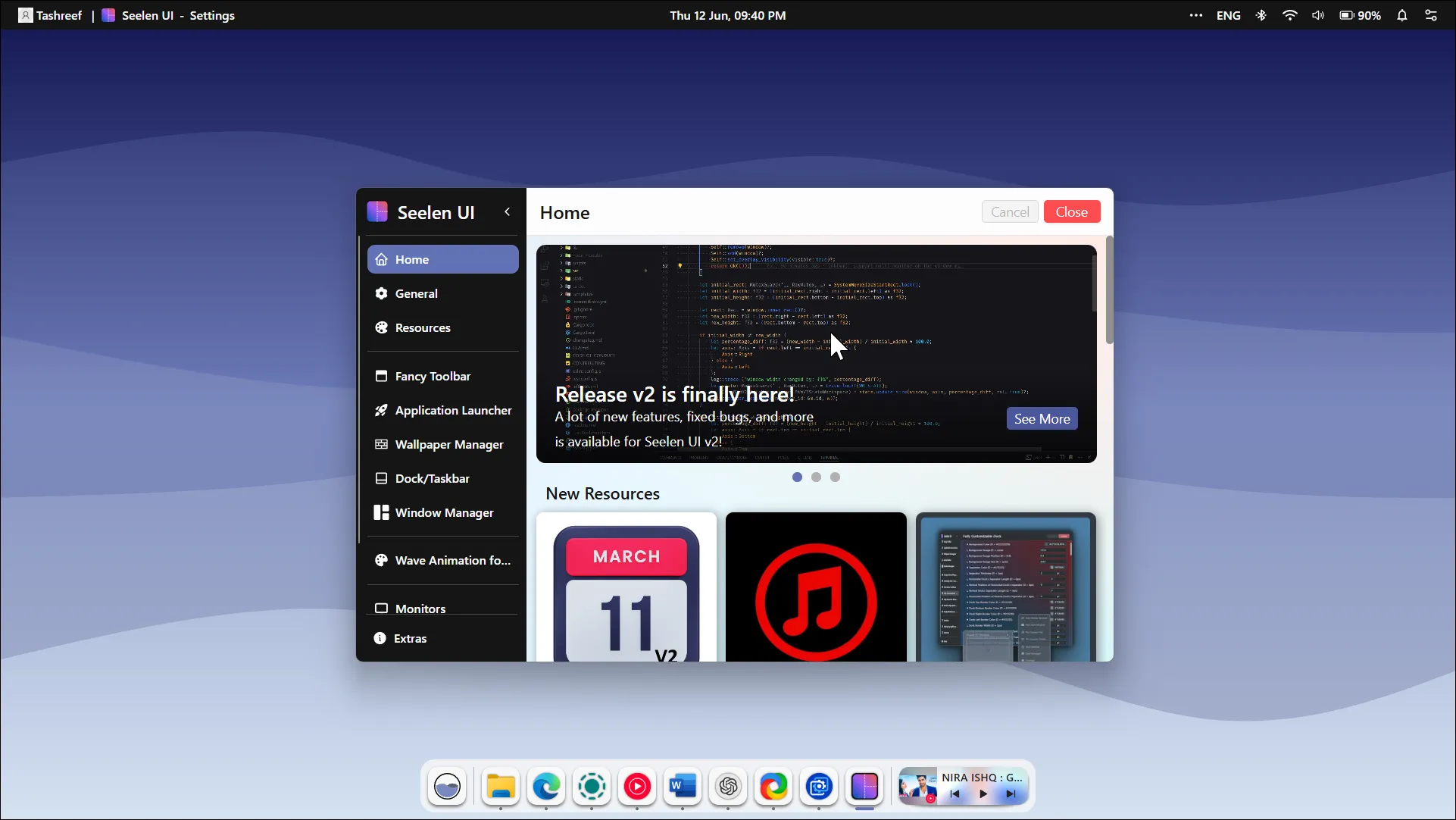 Môi trường desktop Seelen UI với thanh dock và giao diện tùy chỉnh trên Windows 11