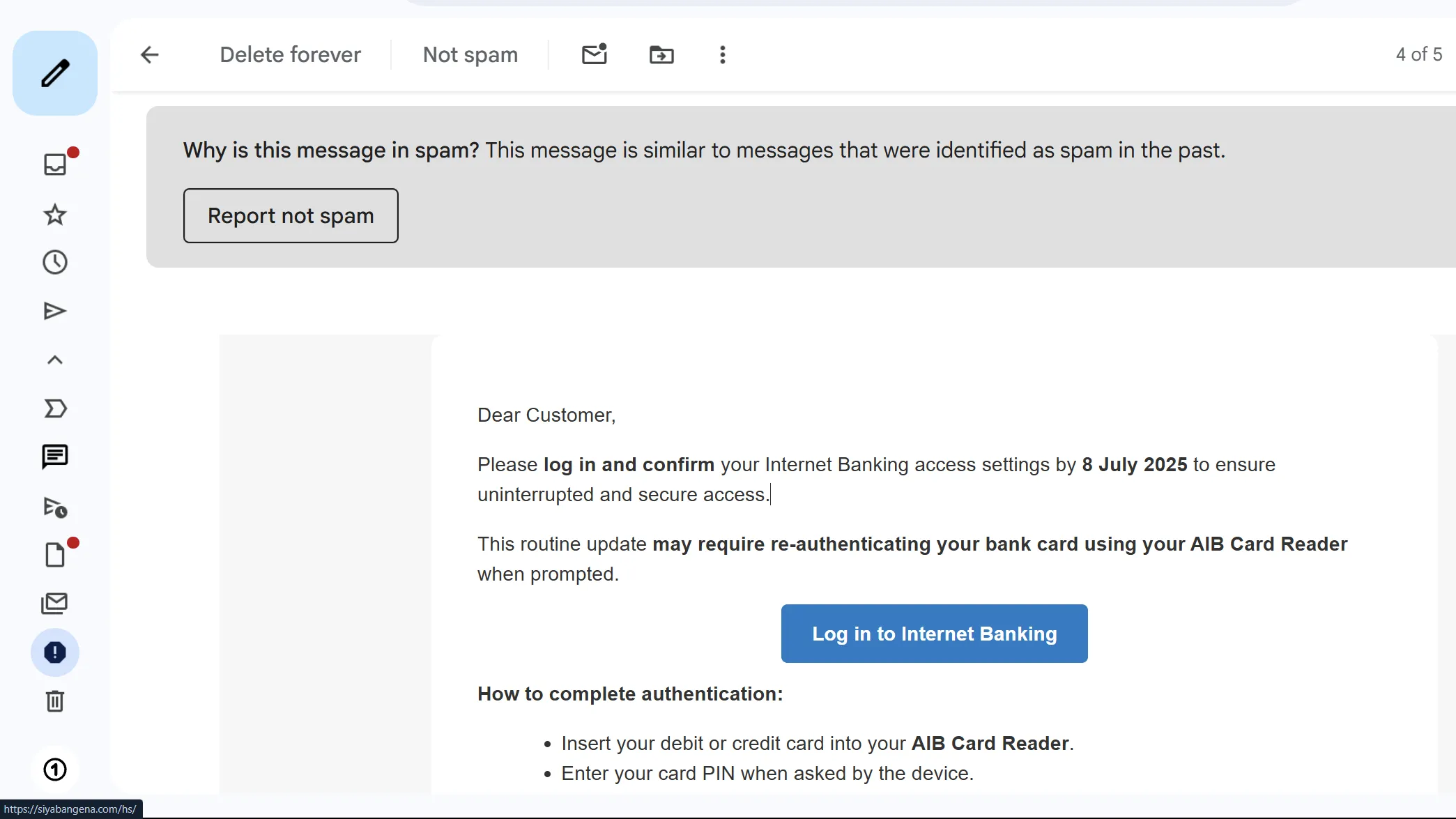 Một email spam tiềm ẩn liên kết lừa đảo.