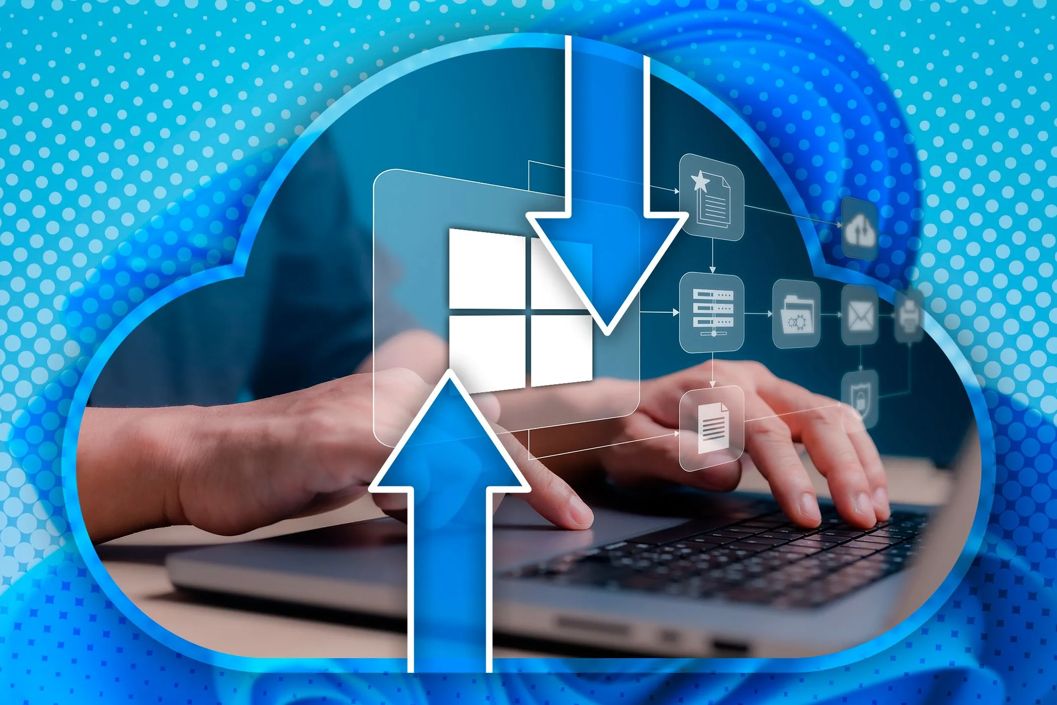 Một người đang sử dụng laptop với các biểu tượng sao lưu dữ liệu, thể hiện tầm quan trọng của việc backup để phòng tránh mất mát thông tin do ransomware