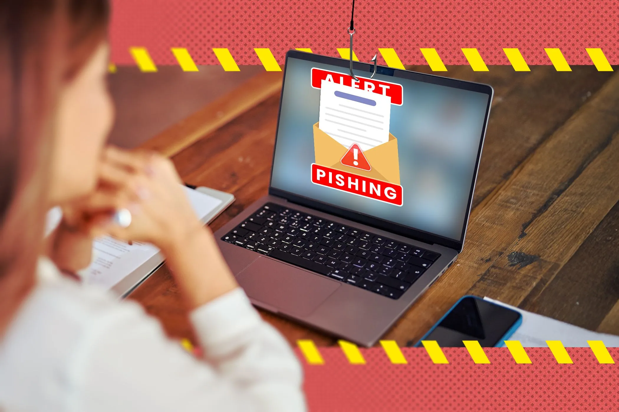 Một người phụ nữ đang xem email lừa đảo (phishing) trên màn hình laptop, minh họa các cuộc tấn công lừa đảo bằng AI.