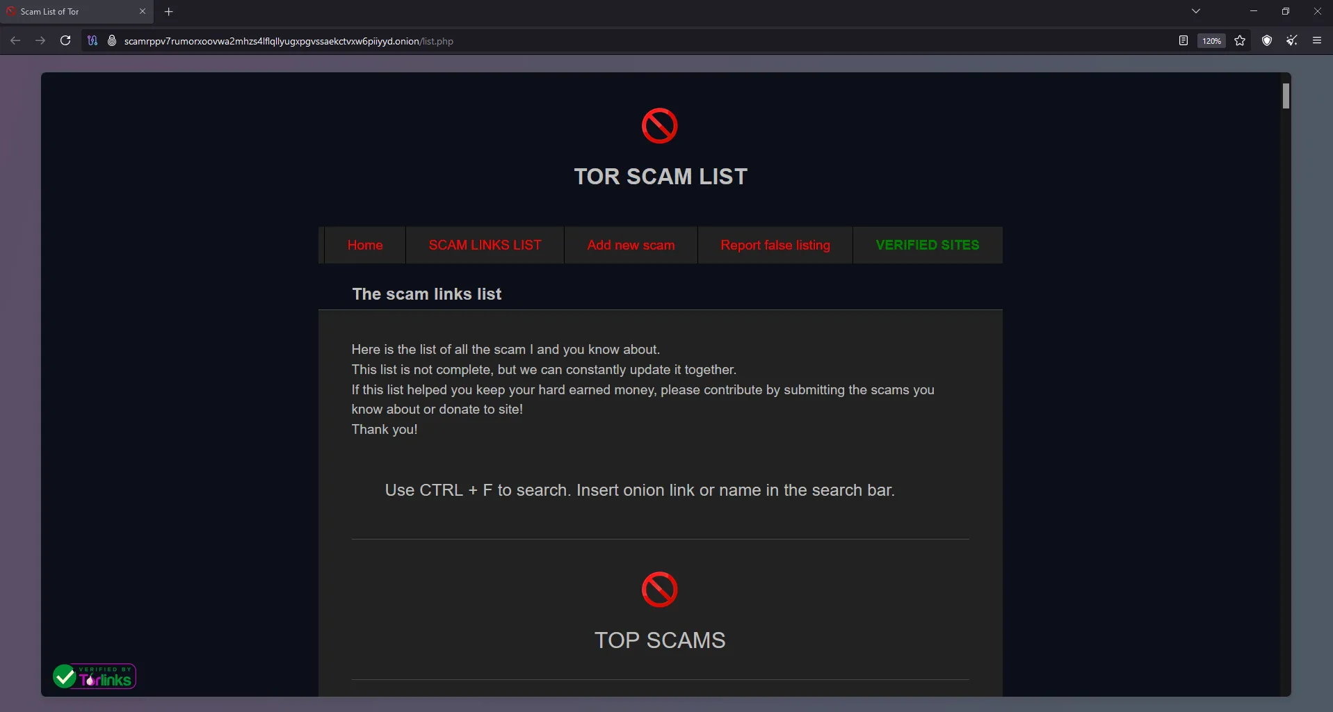 Một ví dụ về trang web &quot;cờ đỏ&quot; trên dark web với danh sách lừa đảo