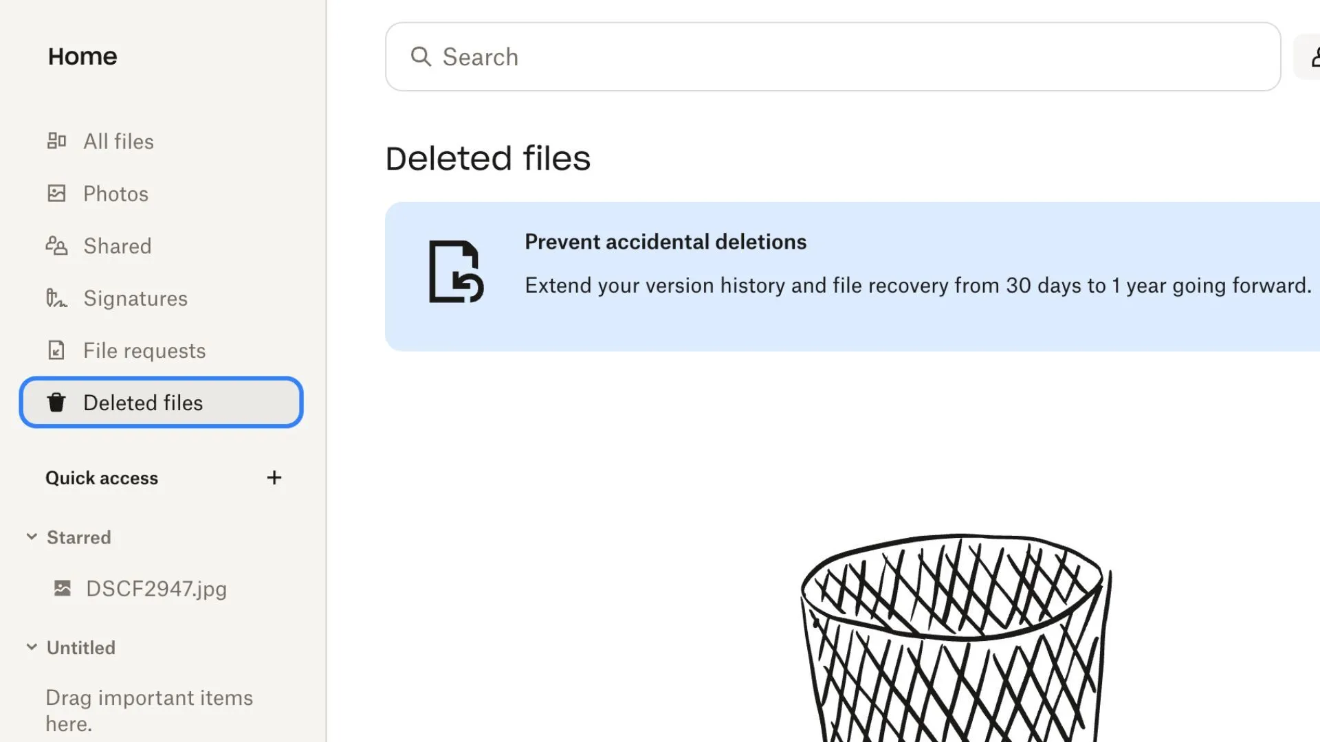 Mục tệp tin đã xóa trong giao diện Dropbox thể hiện các tùy chọn khôi phục dữ liệu