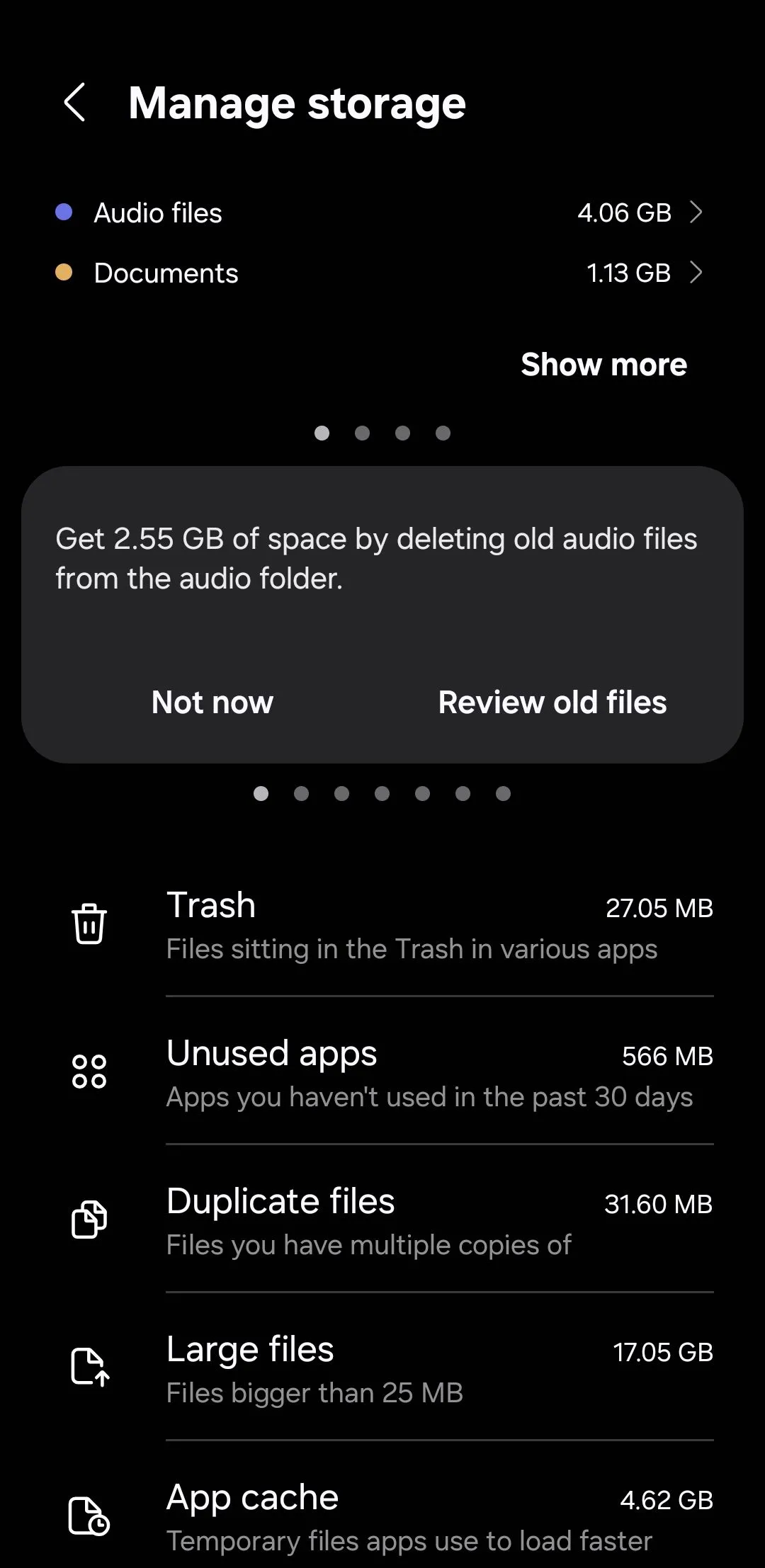 Mục 'Tệp trùng lặp' trong menu quản lý bộ nhớ của điện thoại Samsung Galaxy