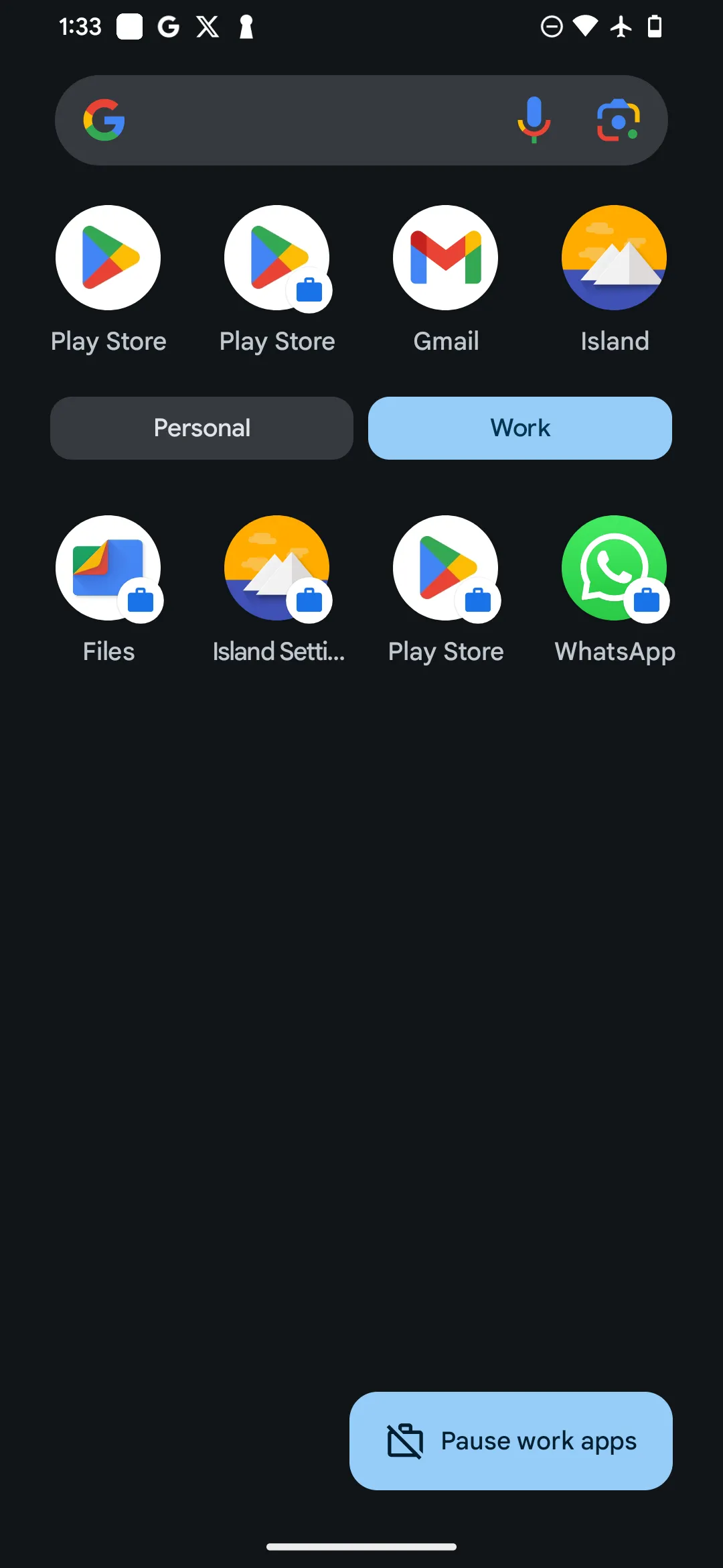 Ngăn kéo ứng dụng Android hiển thị Hồ sơ công việc mới được tạo bởi Island, chứa các ứng dụng đã nhân bản