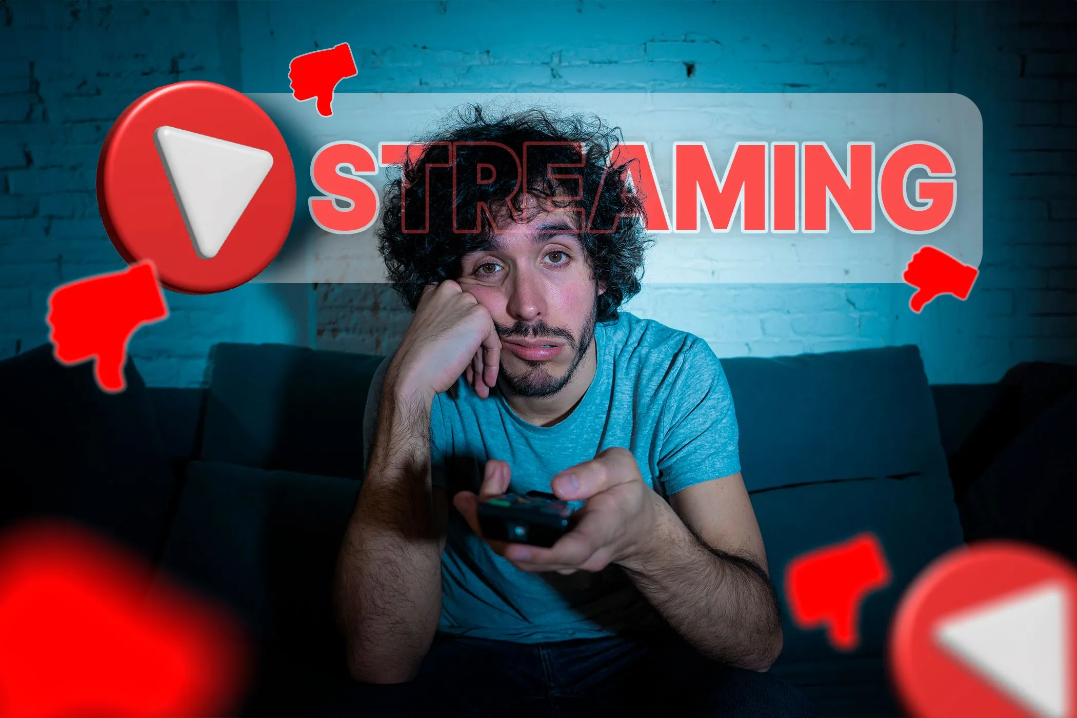 Người đàn ông chán nản xem TV, biểu tượng video và các icon ngón tay cái hướng xuống, mô tả sự thất vọng với dịch vụ streaming