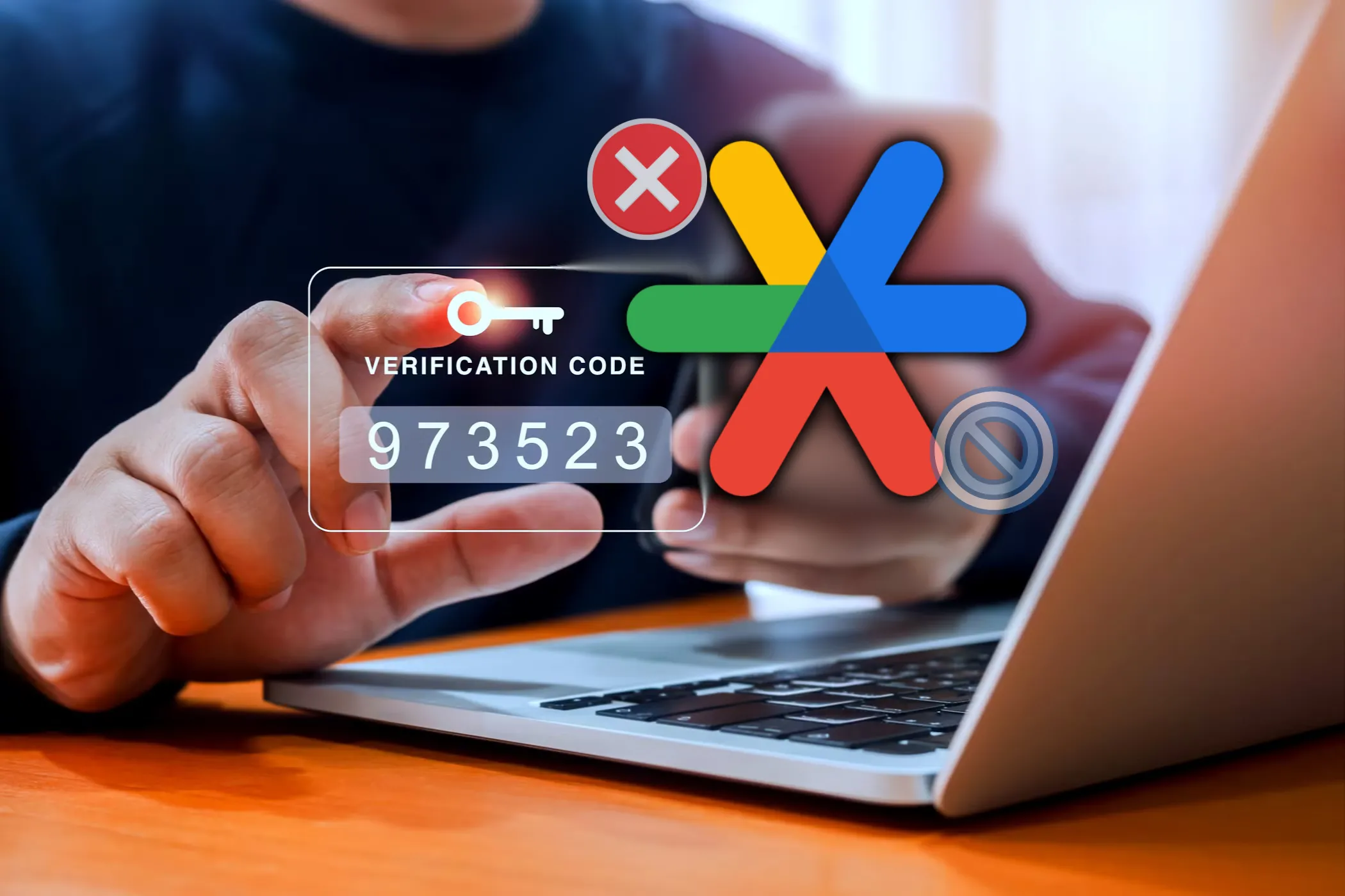 Người đàn ông đang nhập mã xác thực hai yếu tố trên điện thoại thông minh với logo Google Authenticator, minh họa cách sử dụng ứng dụng xác thực an toàn.