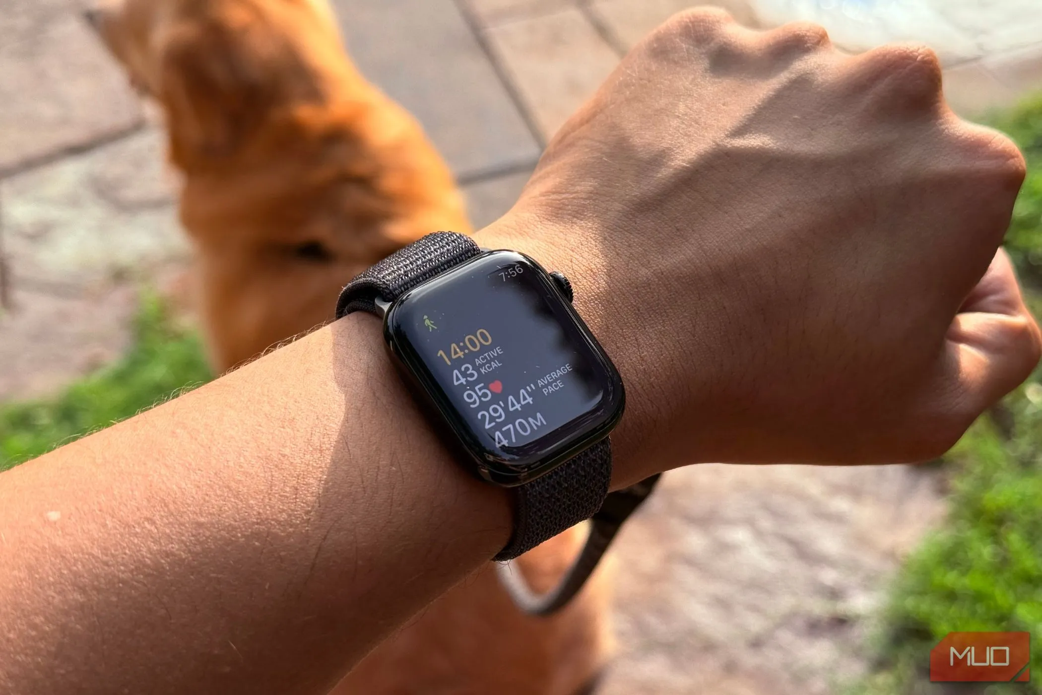 Người đàn ông đeo Apple Watch trên cổ tay, ứng dụng tập luyện hiển thị các chỉ số sức khỏe và hoạt động, minh họa tính năng theo dõi vận động của đồng hồ thông minh.