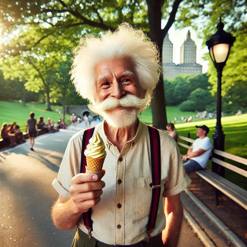 Người đàn ông giống Einstein ăn kem tại Công viên Trung tâm, tạo bởi DALL-E