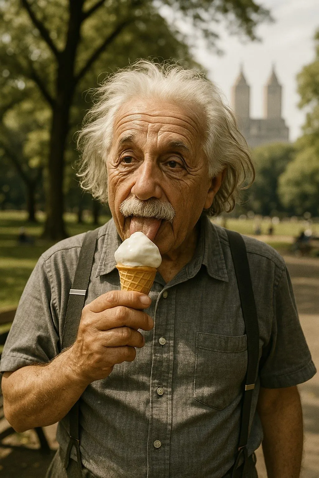 Người đàn ông giống Einstein thư giãn ăn kem tại Công viên Trung tâm, tạo bởi ChatGPT 4o