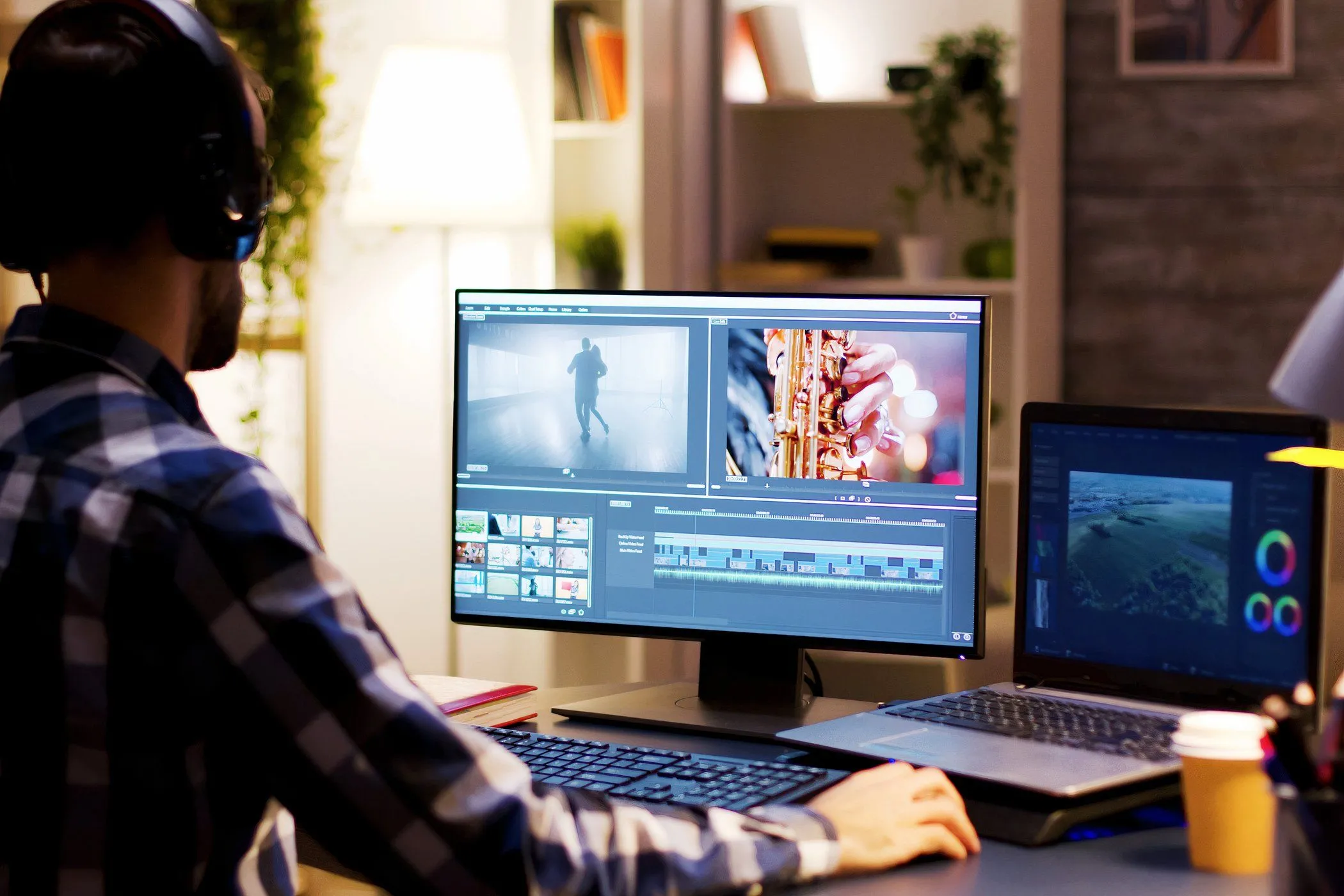 Người đàn ông làm việc trên máy tính để bàn và laptop, thực hiện chỉnh sửa video, nhấn mạnh lợi ích của màn hình 4K nhỏ gọn cho công việc đòi hỏi chi tiết