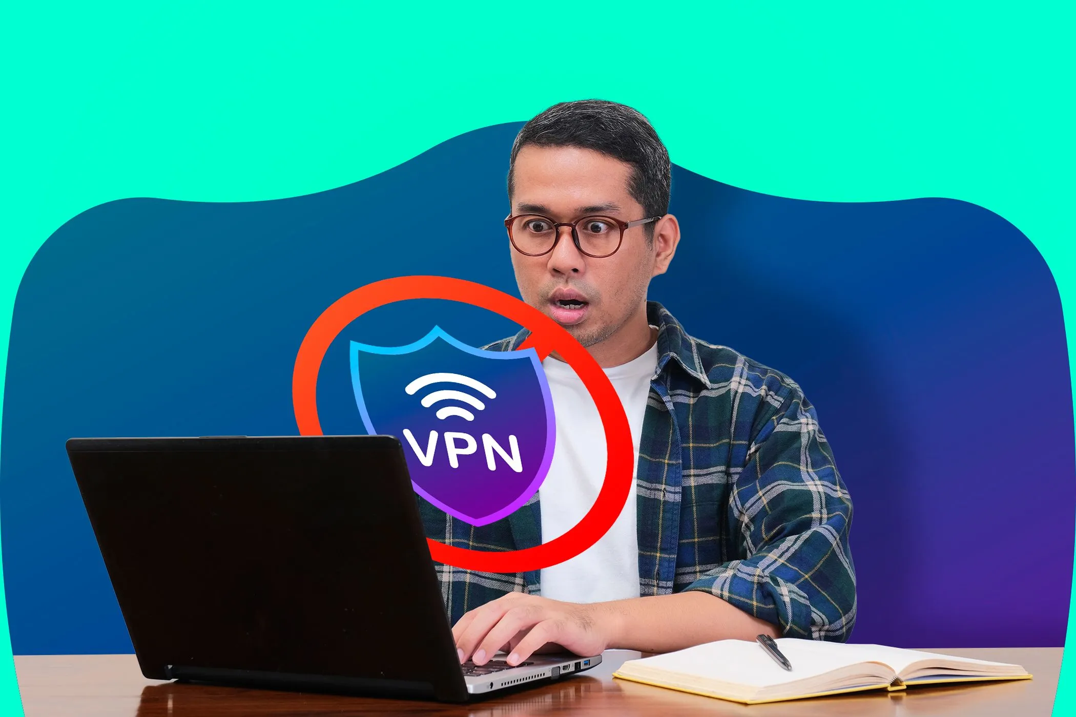 Người đàn ông ngạc nhiên nhìn màn hình laptop với ứng dụng VPN đang hoạt động, minh họa ảnh hưởng của VPN lên tốc độ mạng.