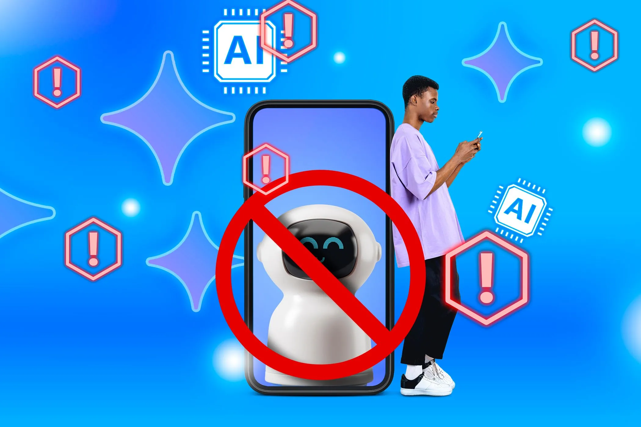 Người đàn ông sử dụng điện thoại, hình ảnh robot AI và biển cấm tượng trưng cho những hạn chế của tác nhân AI.